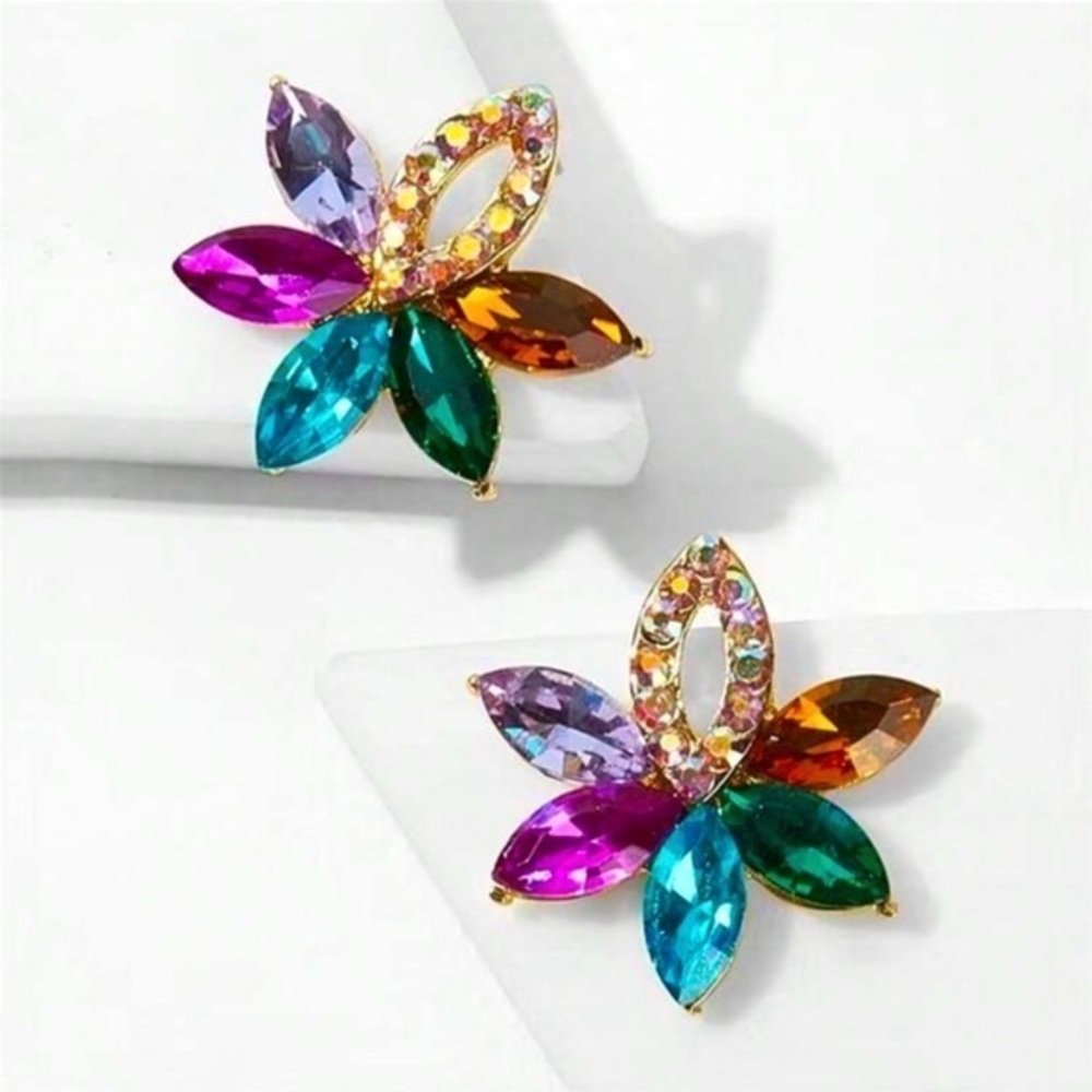 ✨ Multicolor Floral Crystal Rhinestone Statement Earrings
